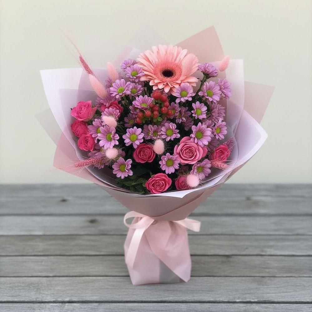 Букет цветов из: Розы, Герберы и Хризантемы в Клишино