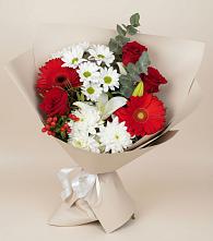 Букет цветов из:  Розы, Хризантемы, Герберы и Лилии в Клишино