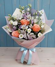 Букет цветов из:  Лизиантусы, Розы, Альстромерии и Гипсофила #REPLACE_PRED# Клишино