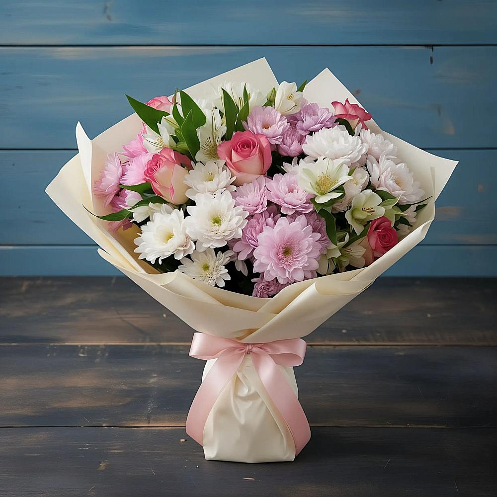 Букет цветов из: Хризантемы, Альстромерии и Розы в Клишино